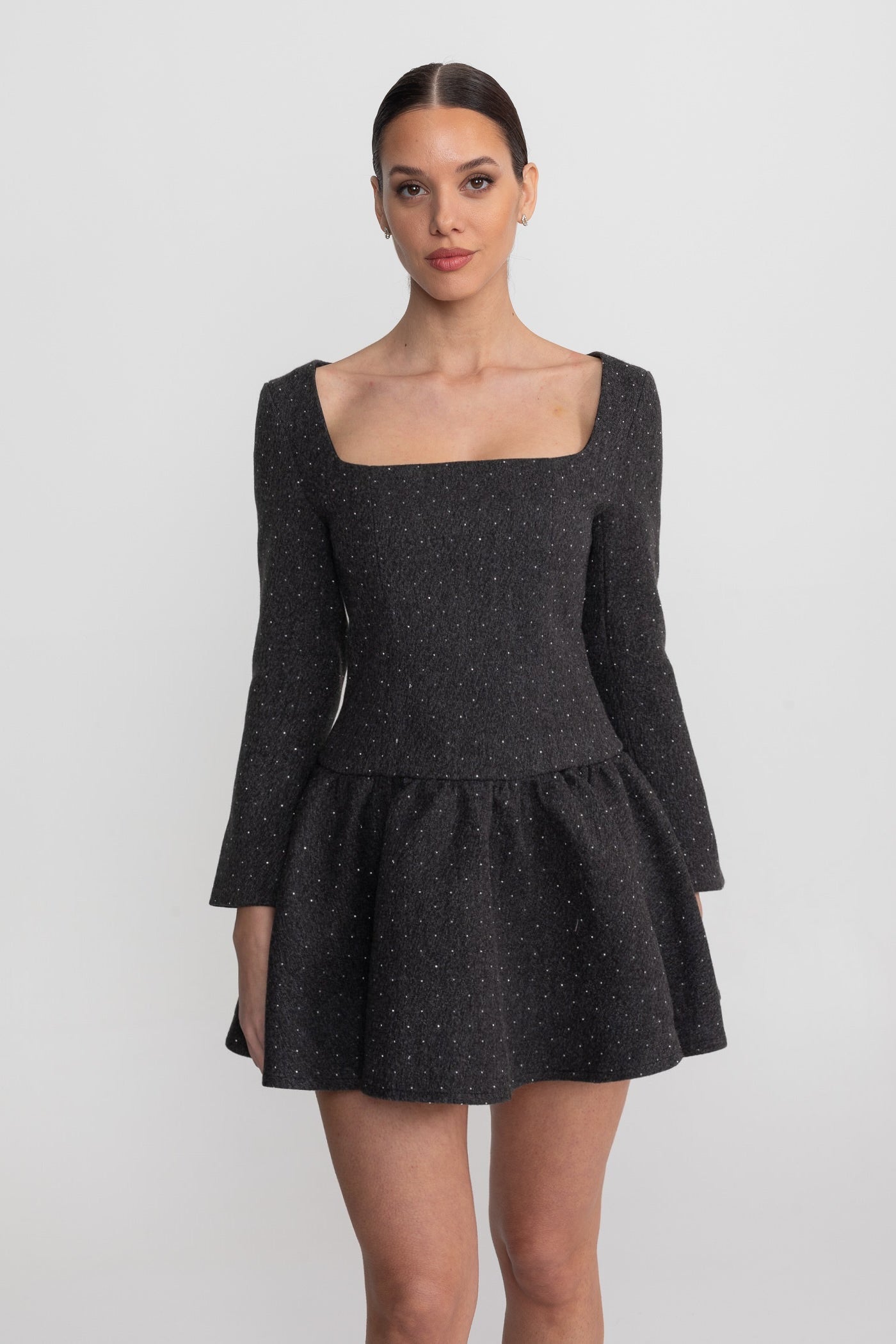 Long Sleeve Mini Dress With Detachable Cape Overlay - Charcoal