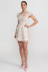 Cap Sleeve Mini Dress With Sheer Yoke And Pearl Button Detail - Ivoire