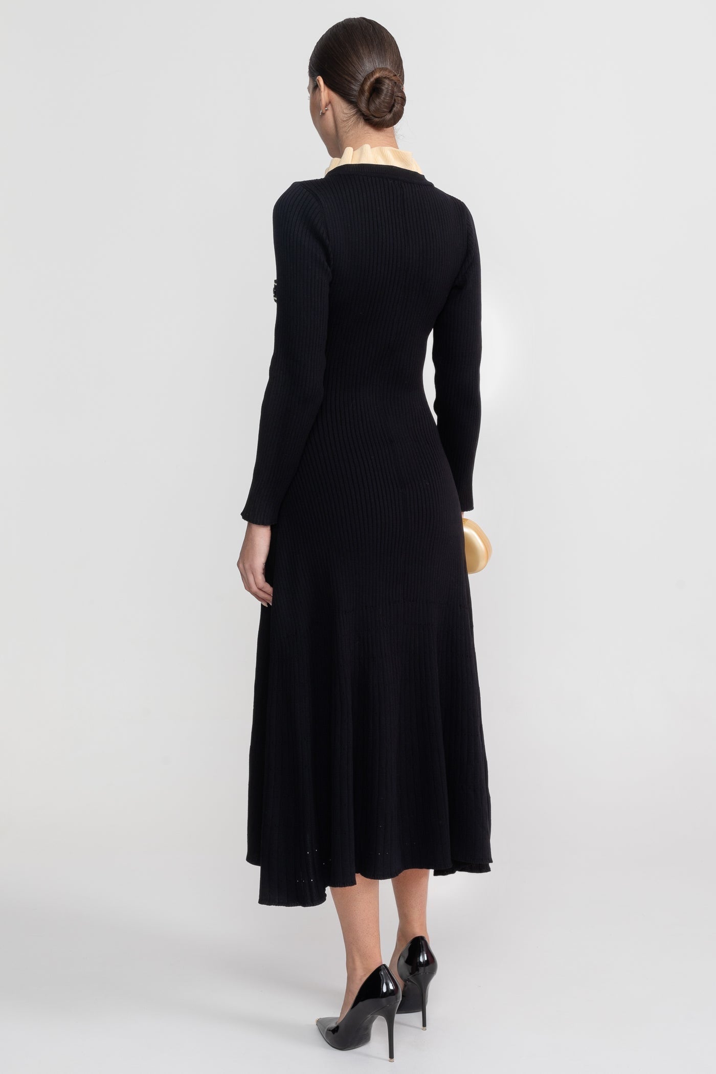 Long Sleeve Midi Dress With Button-Through Front And Contrast Pocket Trim - Black