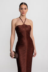 Halter Neck Midi Dress With All-Over Pleated Texture - Brown