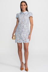 Floral Lace Mini Dress with Satin Collar – Light Blue
