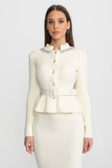 Midi Dress with Peplum Waist and Crystal Collar – Ivoire