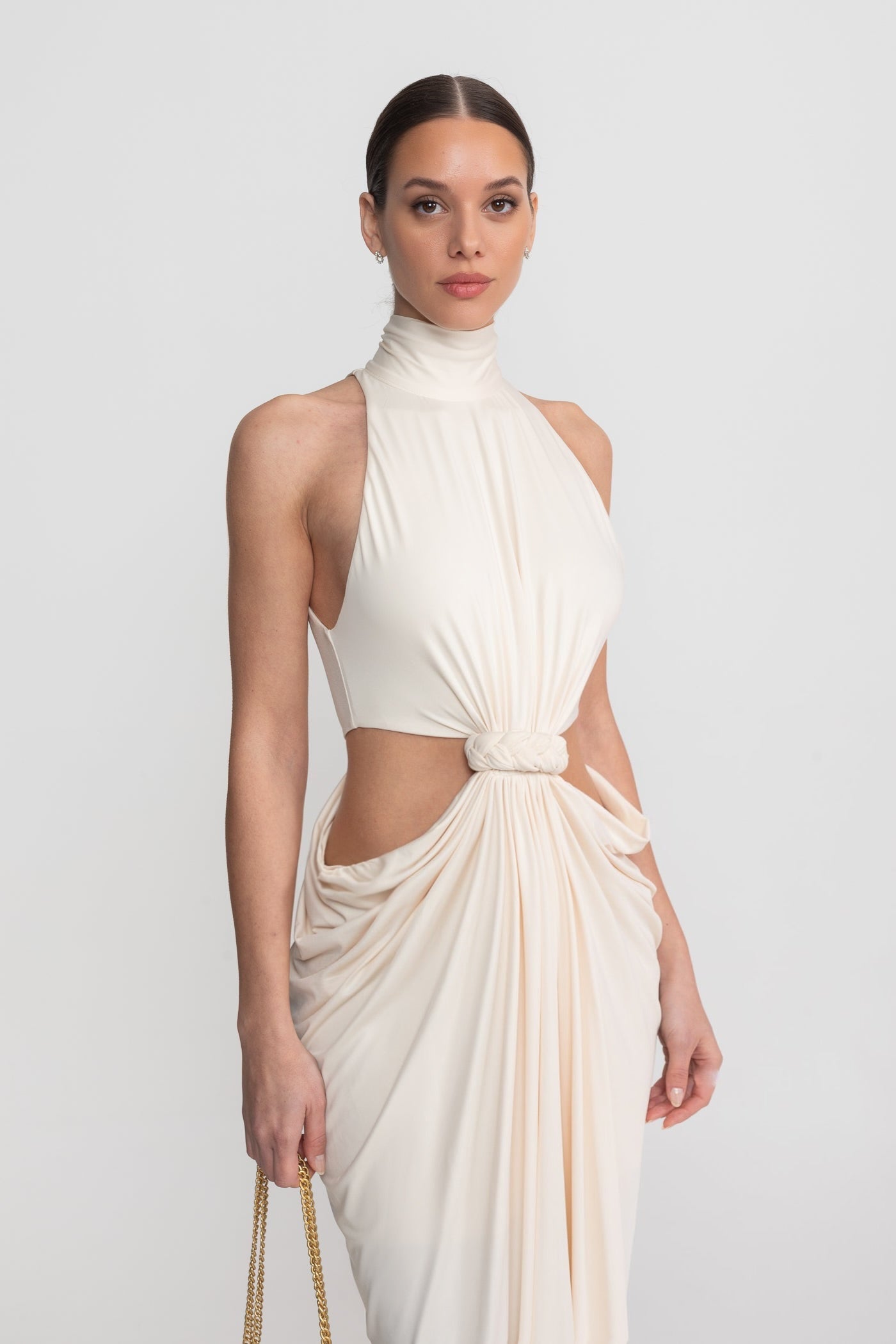High Neck Halter Maxi Dress With Knotted Cut-Out Waist - Ivoire