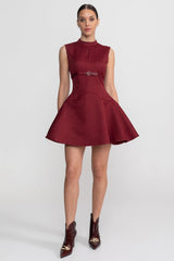 Sleeveless Mini Dress With High Neckline And Buckled Belted Waist - Burgundy
