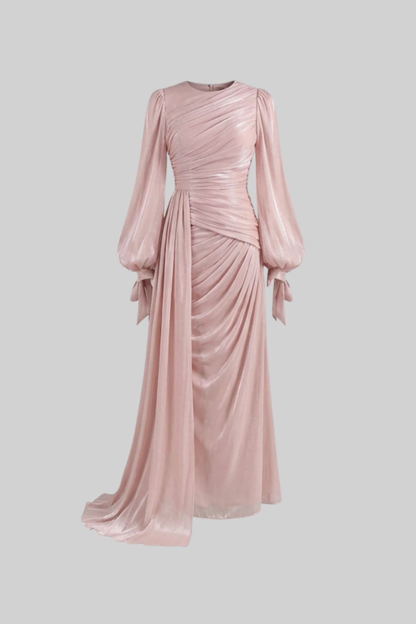 Draped Long-Sleeve Maxi Dress with Gathered Waist – Blush Pink