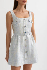 Textured Mini Dress With Fitted Bodice And Contrasting Buttons - Light Blue
