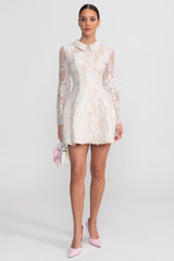 Long Sleeve Lace Mini Dress With Collared Neckline With Sheer Overlay - Ivoire