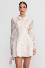 Long Sleeve Lace Mini Dress With Collared Neckline With Sheer Overlay - Ivoire