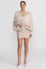 Draped Long Sleeve Mini Dress With Batwing Sleeves - Champagne