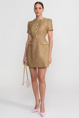Tweed Mini Dress With Round Neckline And Pearl Button Detail - Gold