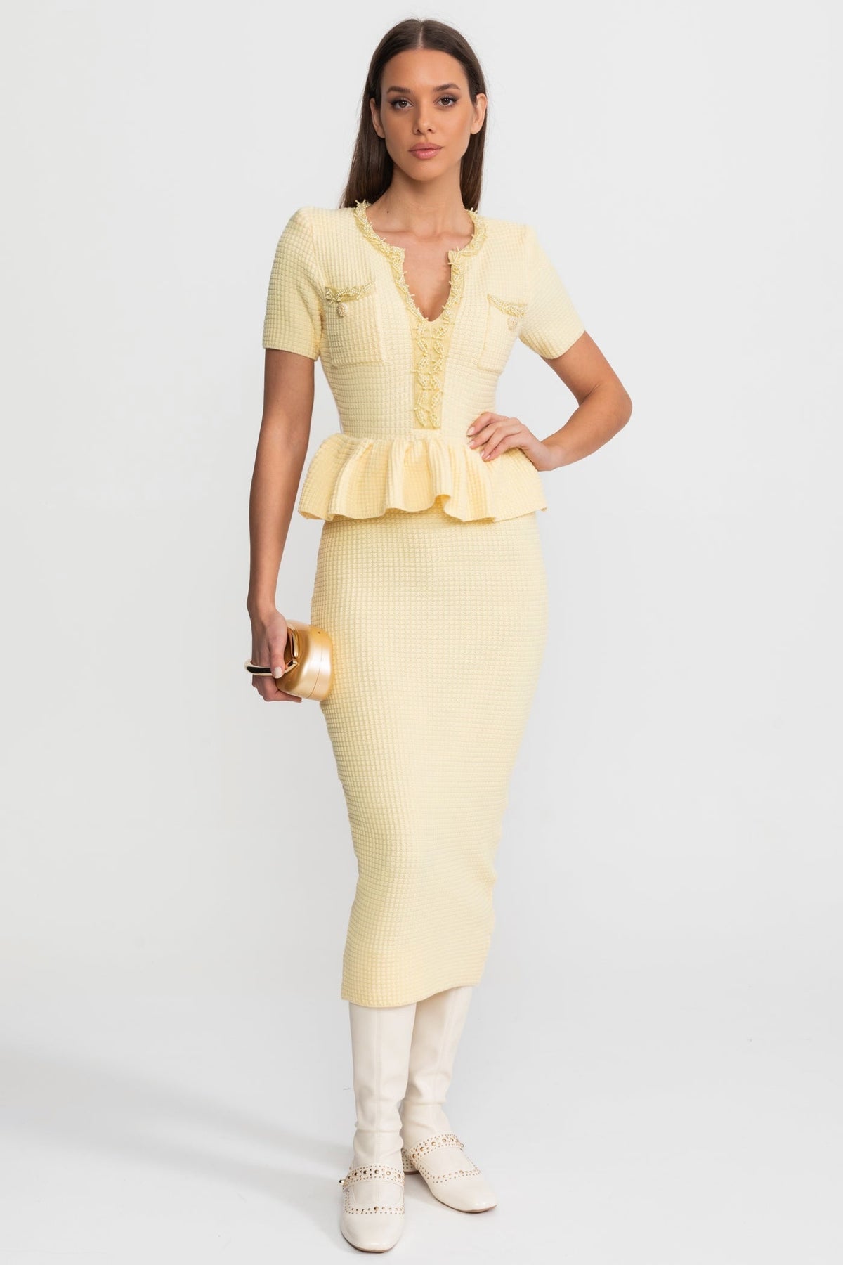 Textured Knit Midi Dress with Peplum Waist Detail – Yellow