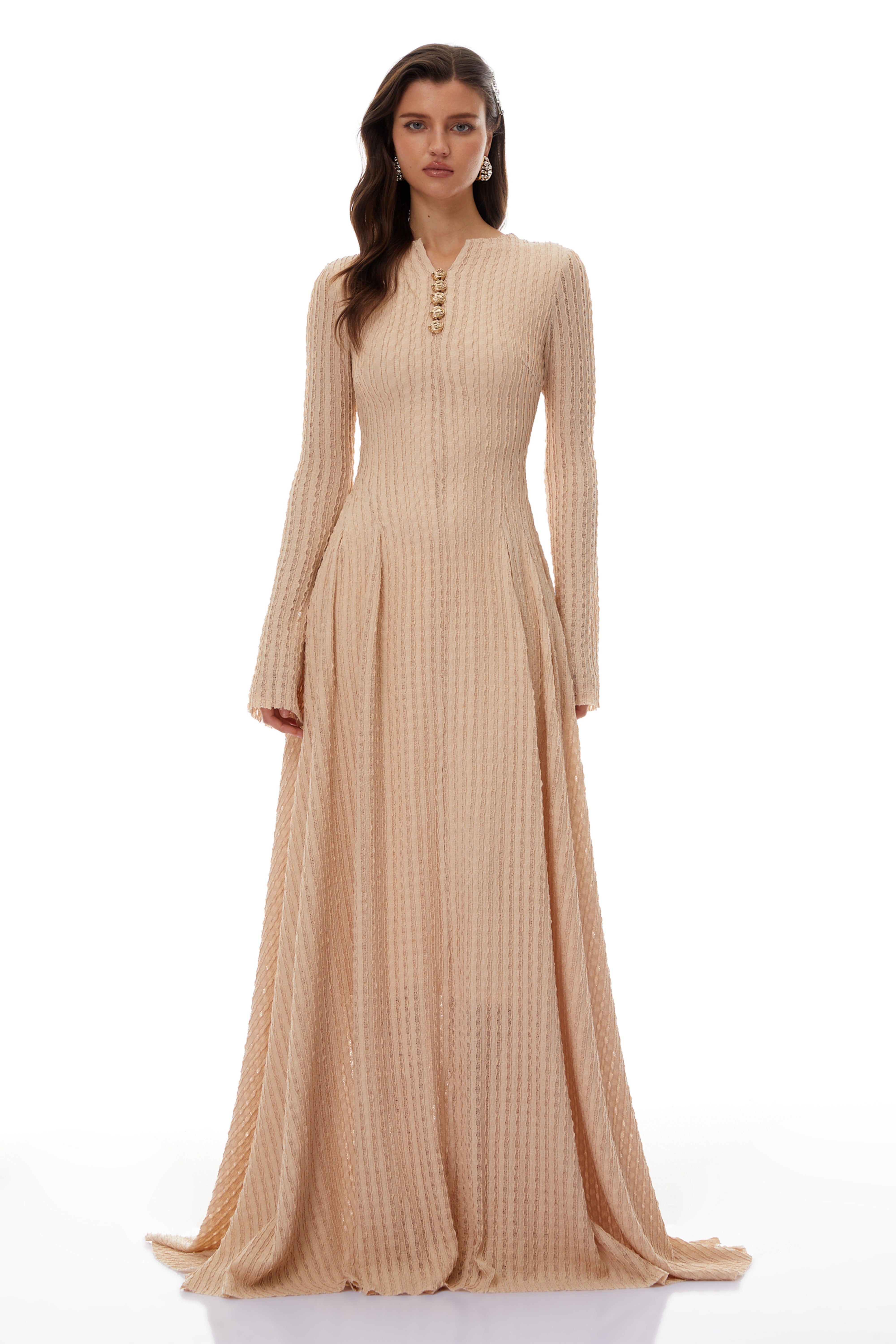 Adeline Beige Textured Jacquard Maxi Gown