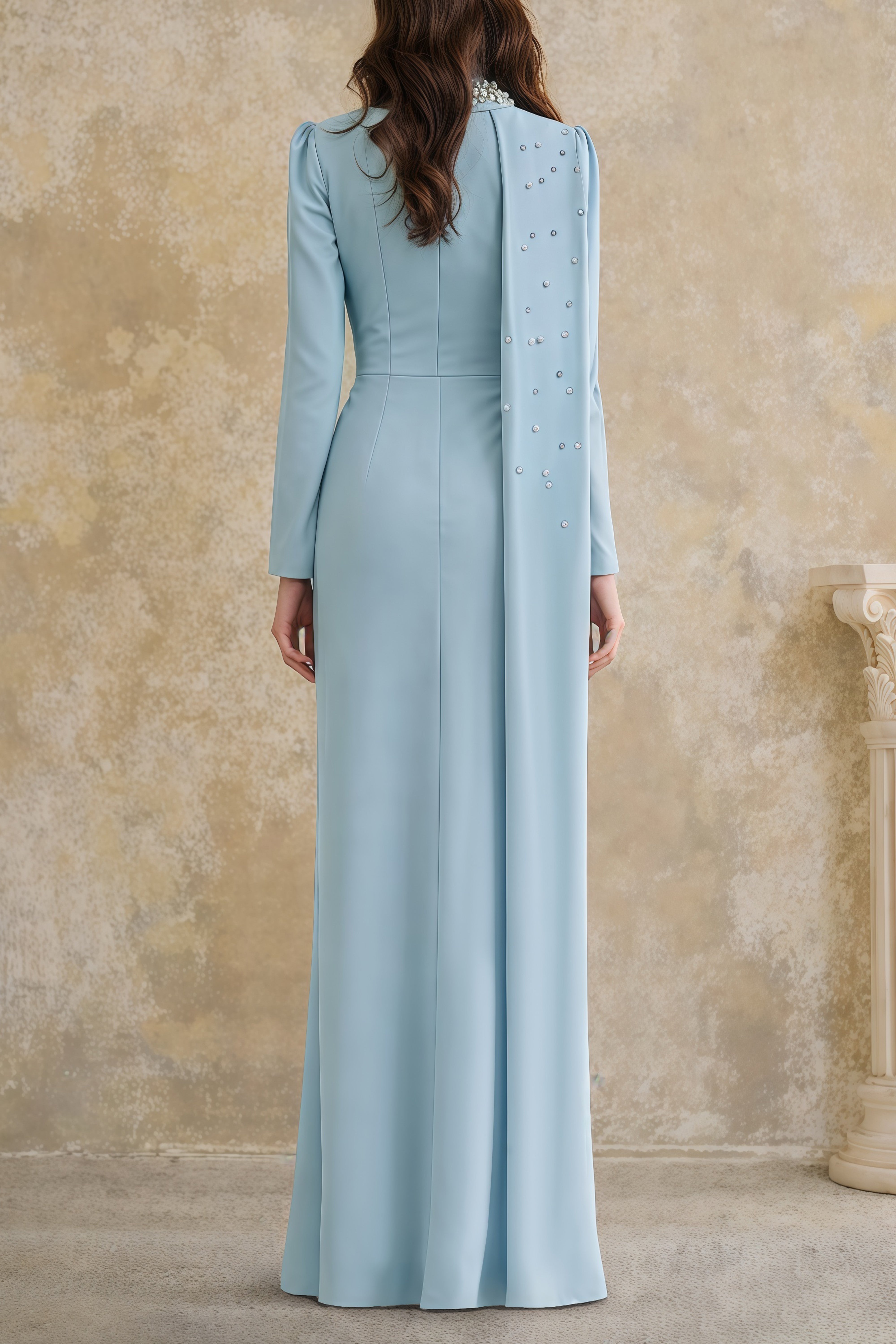 Andreea Blue Cape Maxi Dress with Embellishment