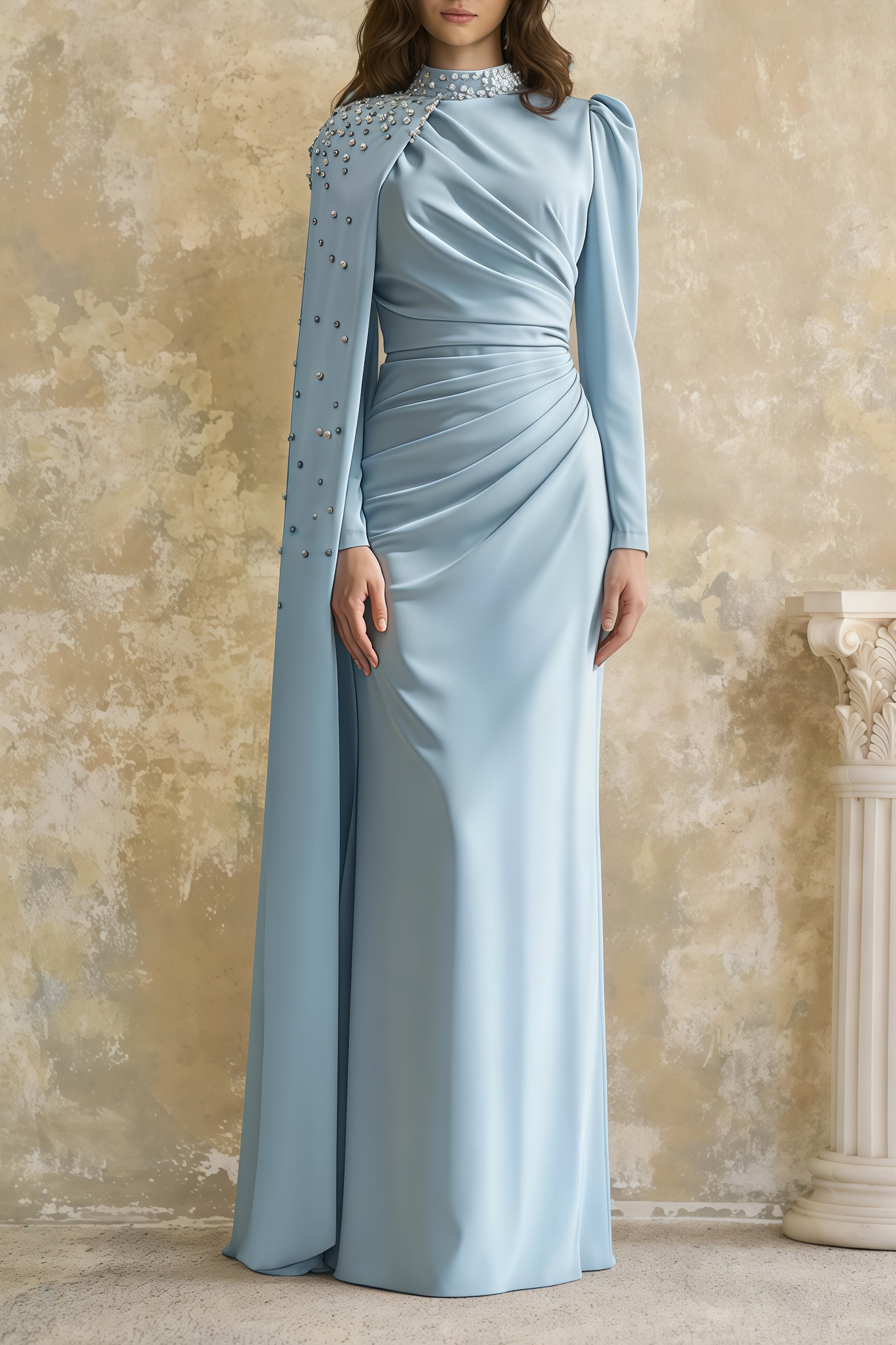 Andreea Blue Cape Maxi Dress with Embellishment