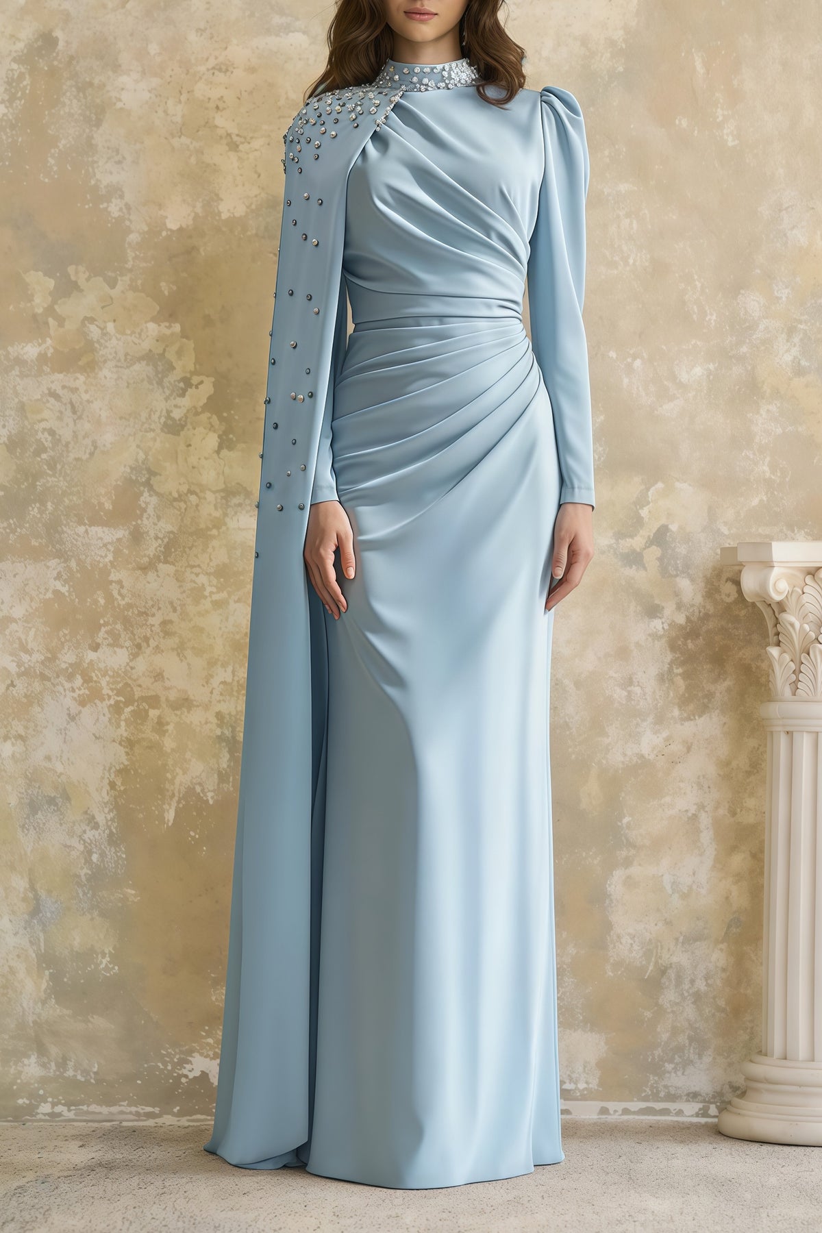 Andreea Blue Cape Maxi Dress with Embellishment
