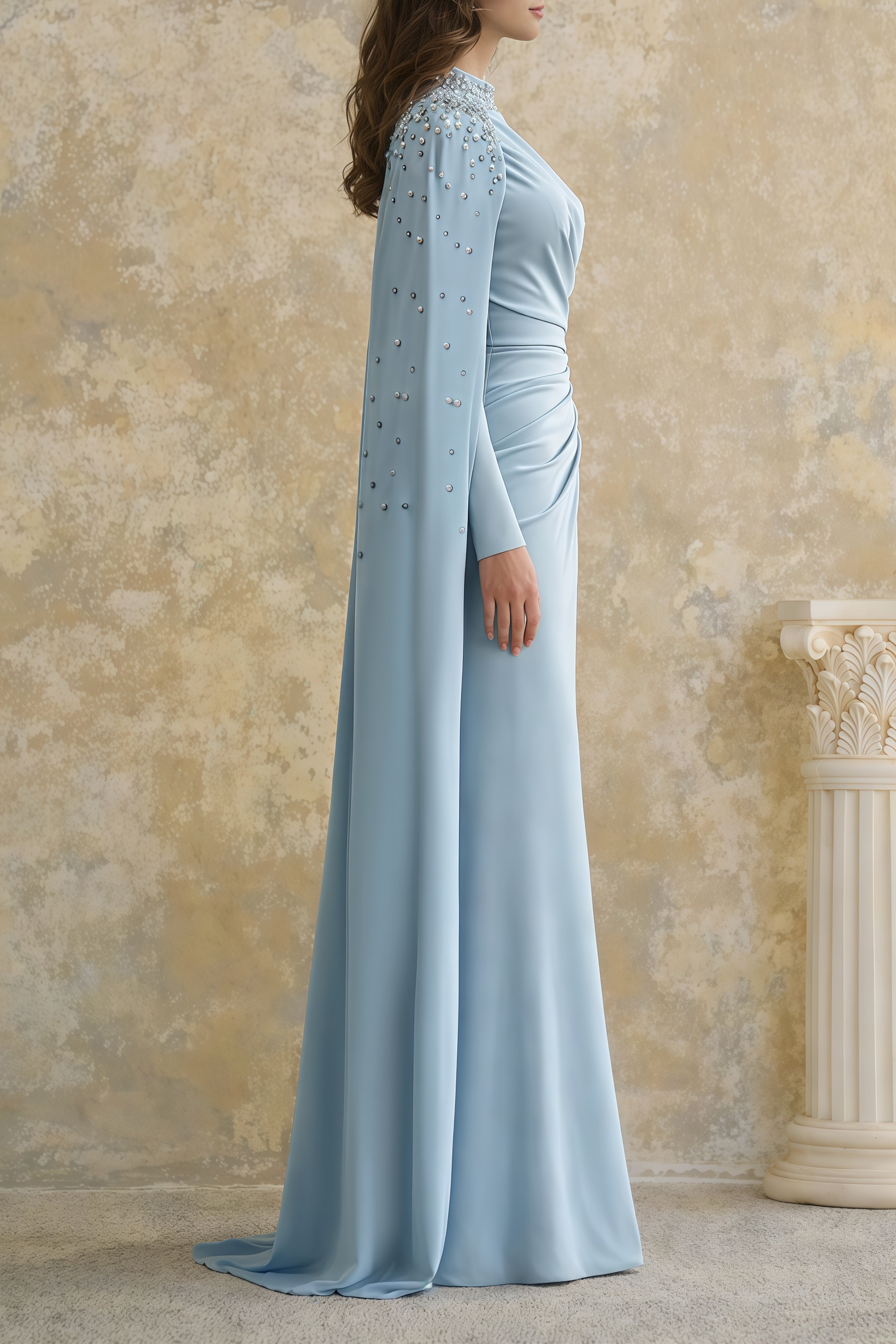 Andreea Blue Cape Maxi Dress with Embellishment