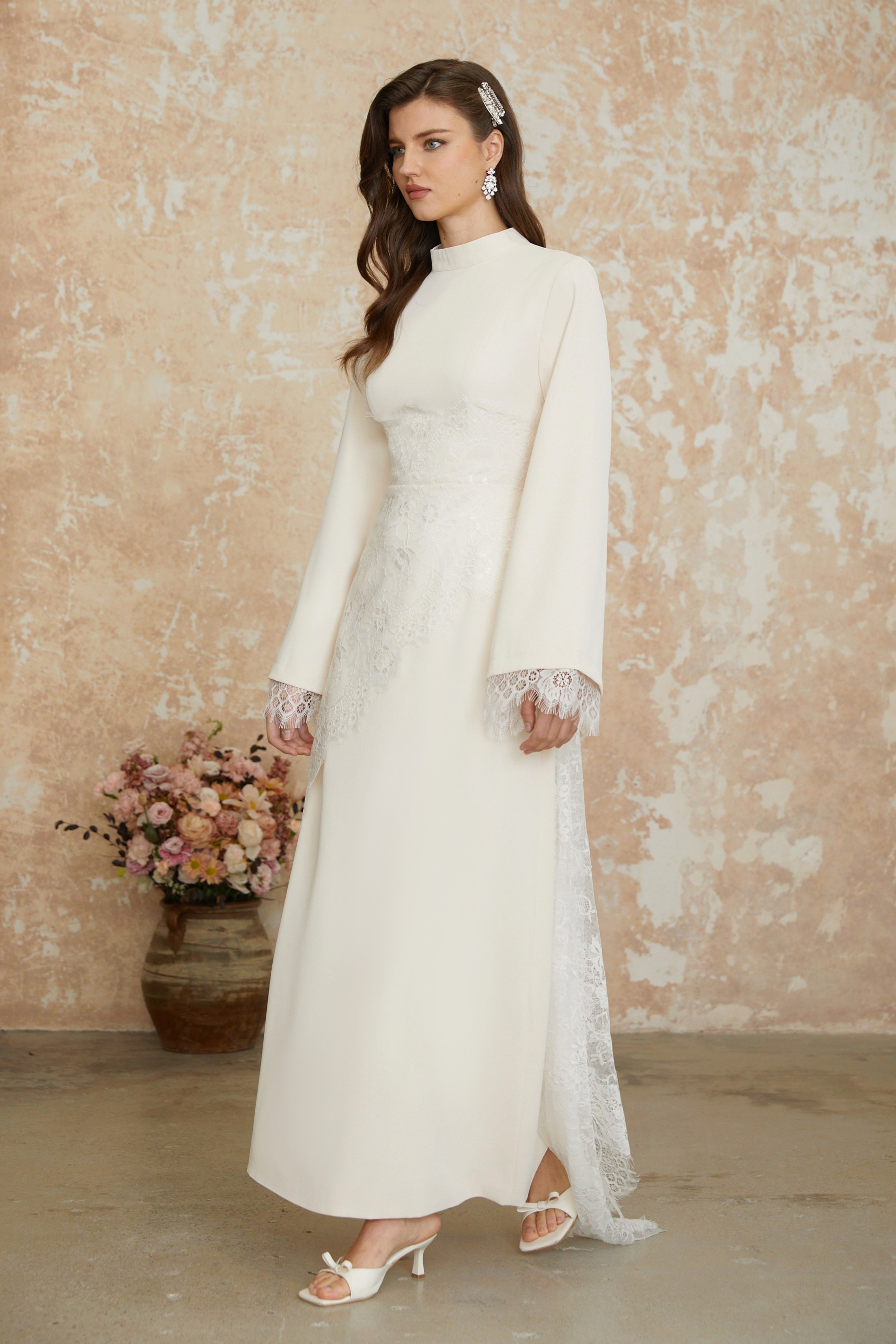 Elysia White Asymmetrical Floral Lace Maxi Dress