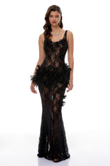 Bloem Black 3D Floral Applique Lace Maxi Dress