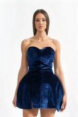 Velvet Mini Dress With Flared Skirt - Blue