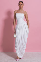 Strapless Maxi Dress With Asymmetric Draped Skirt - White