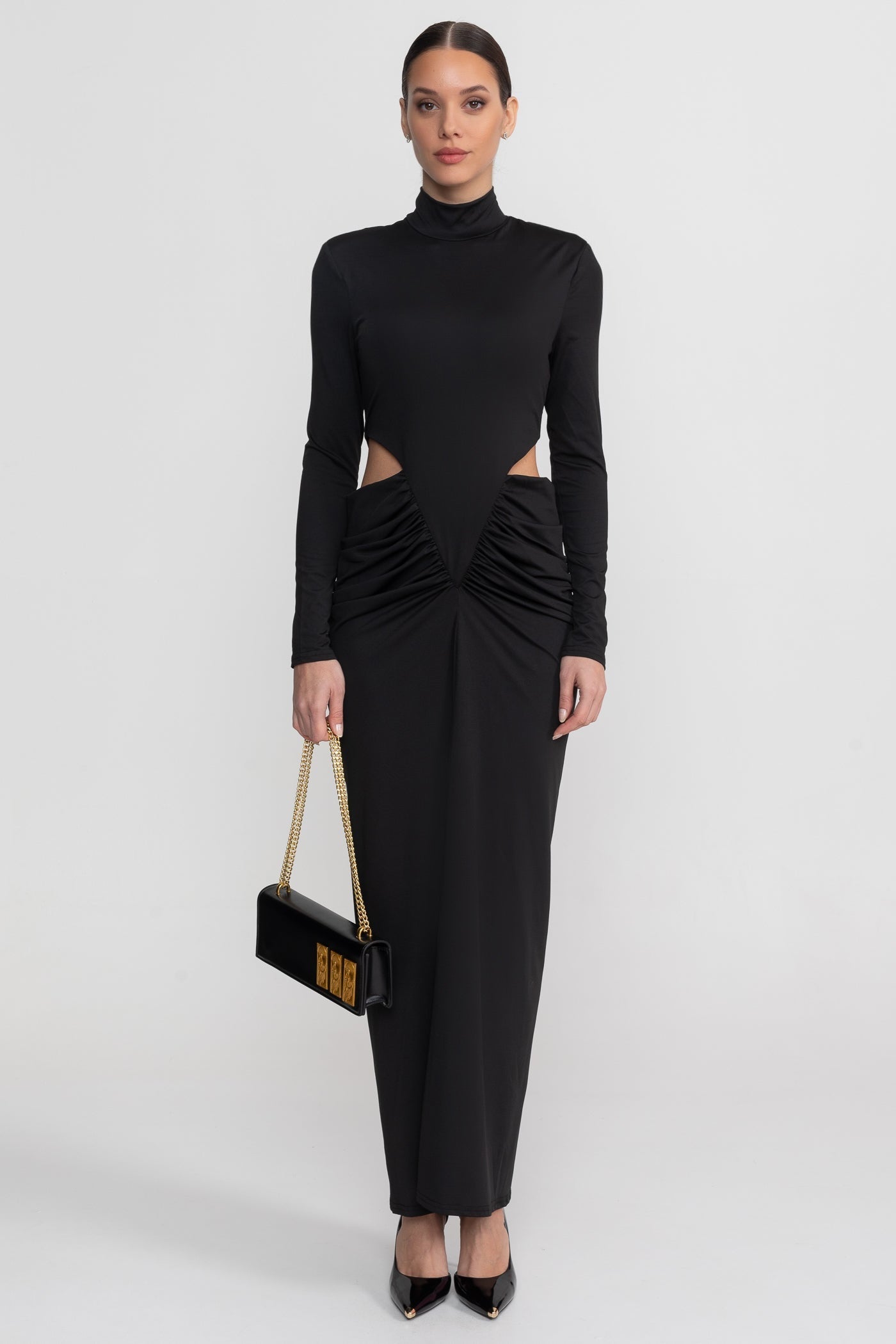 High Neck Maxi Dress With Long Sleeves And Waist Cut-Out Detail - Black