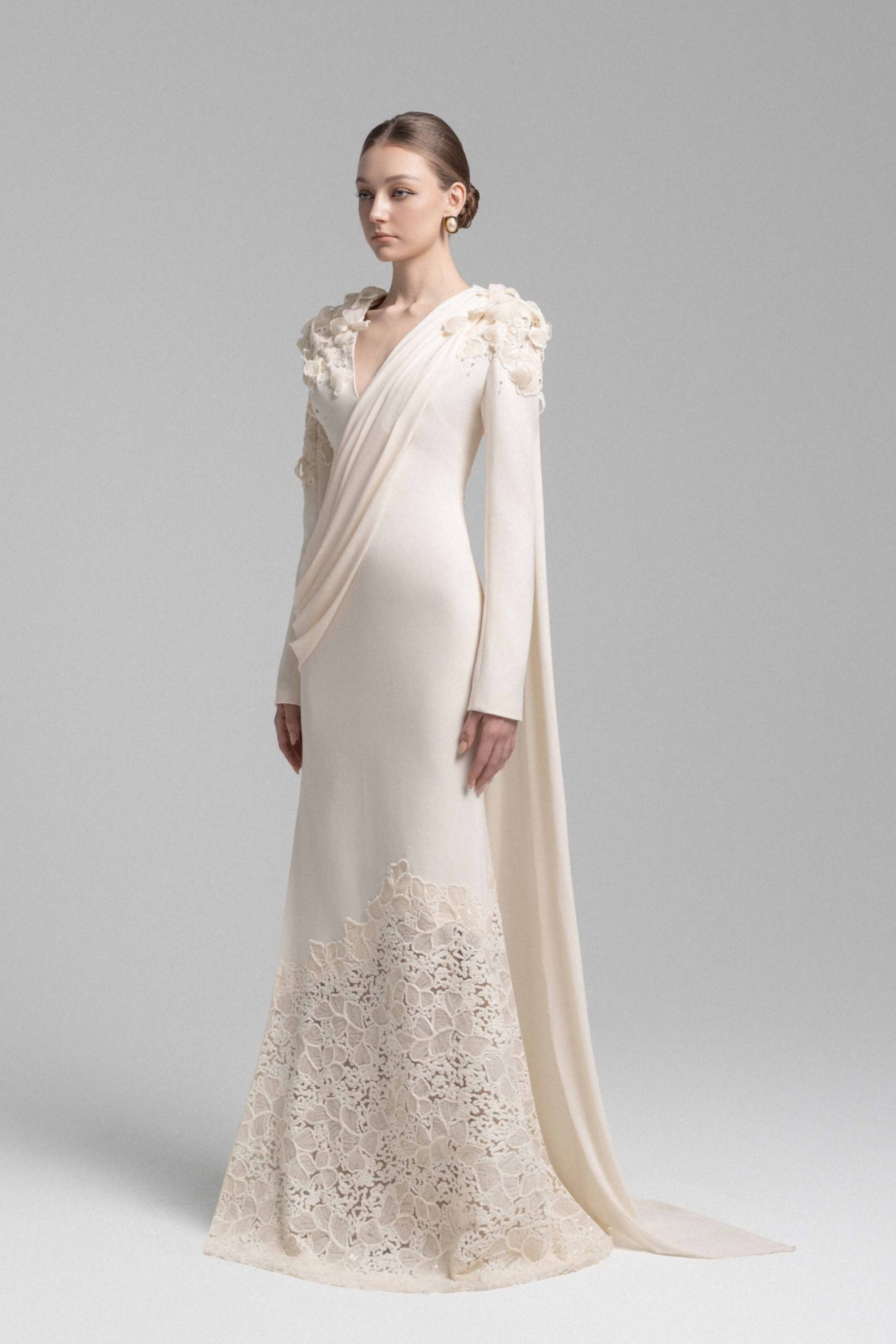 Calanthe Champagne Floral Lace Maxi Dress with Ribbon Detail