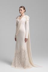 Calanthe Champagne Floral Lace Maxi Dress with Ribbon Detail