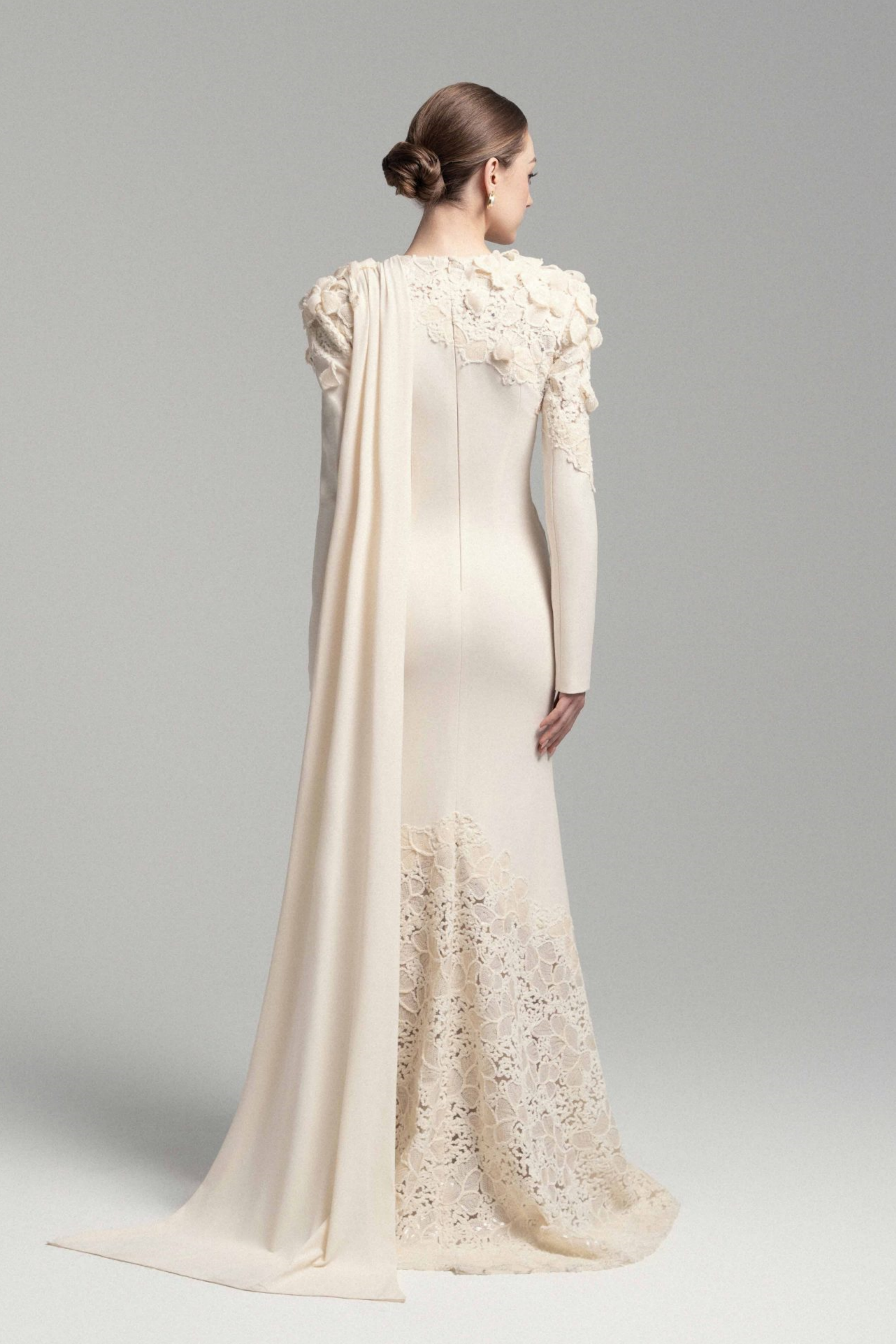 Calanthe Champagne Floral Lace Maxi Dress with Ribbon Detail