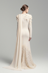 Calanthe Champagne Floral Lace Maxi Dress with Ribbon Detail