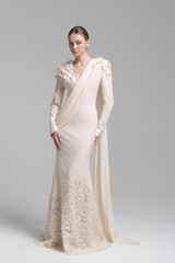 Calanthe Champagne Floral Lace Maxi Dress with Ribbon Detail