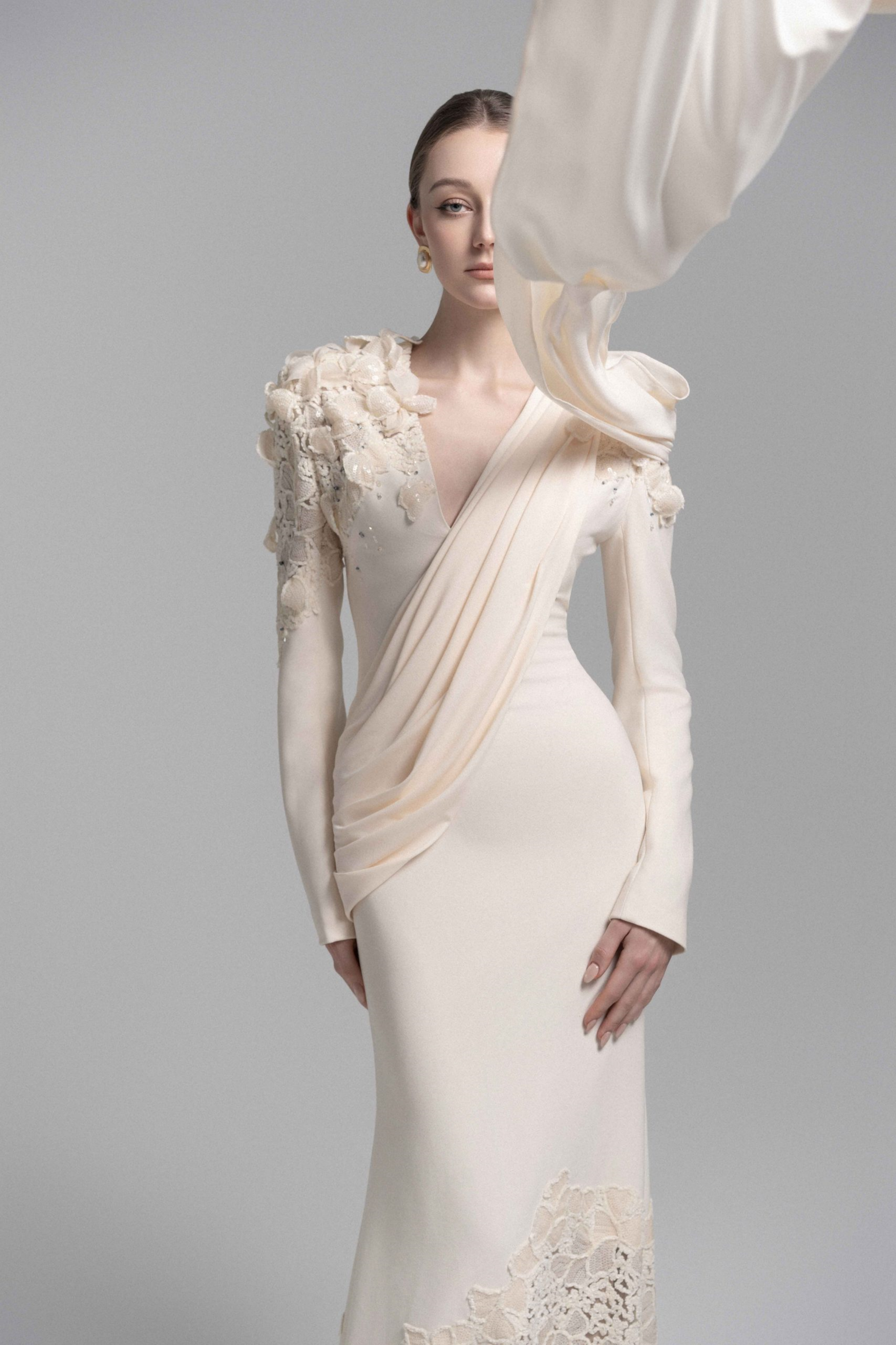 Calanthe Champagne Floral Lace Maxi Dress with Ribbon Detail