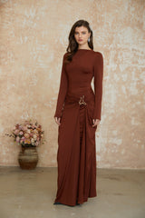 Cambria Brown Ruched Maxi Dress with Metal Buckle