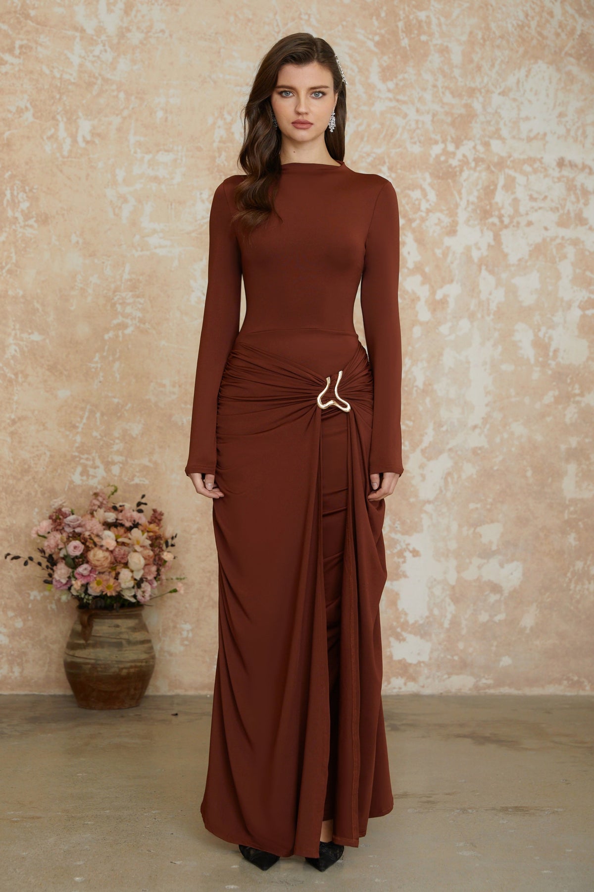 Cambria Brown Ruched Maxi Dress with Metal Buckle