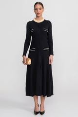 Long Sleeve Midi Dress With Button-Through Front And Contrast Pocket Trim - Black