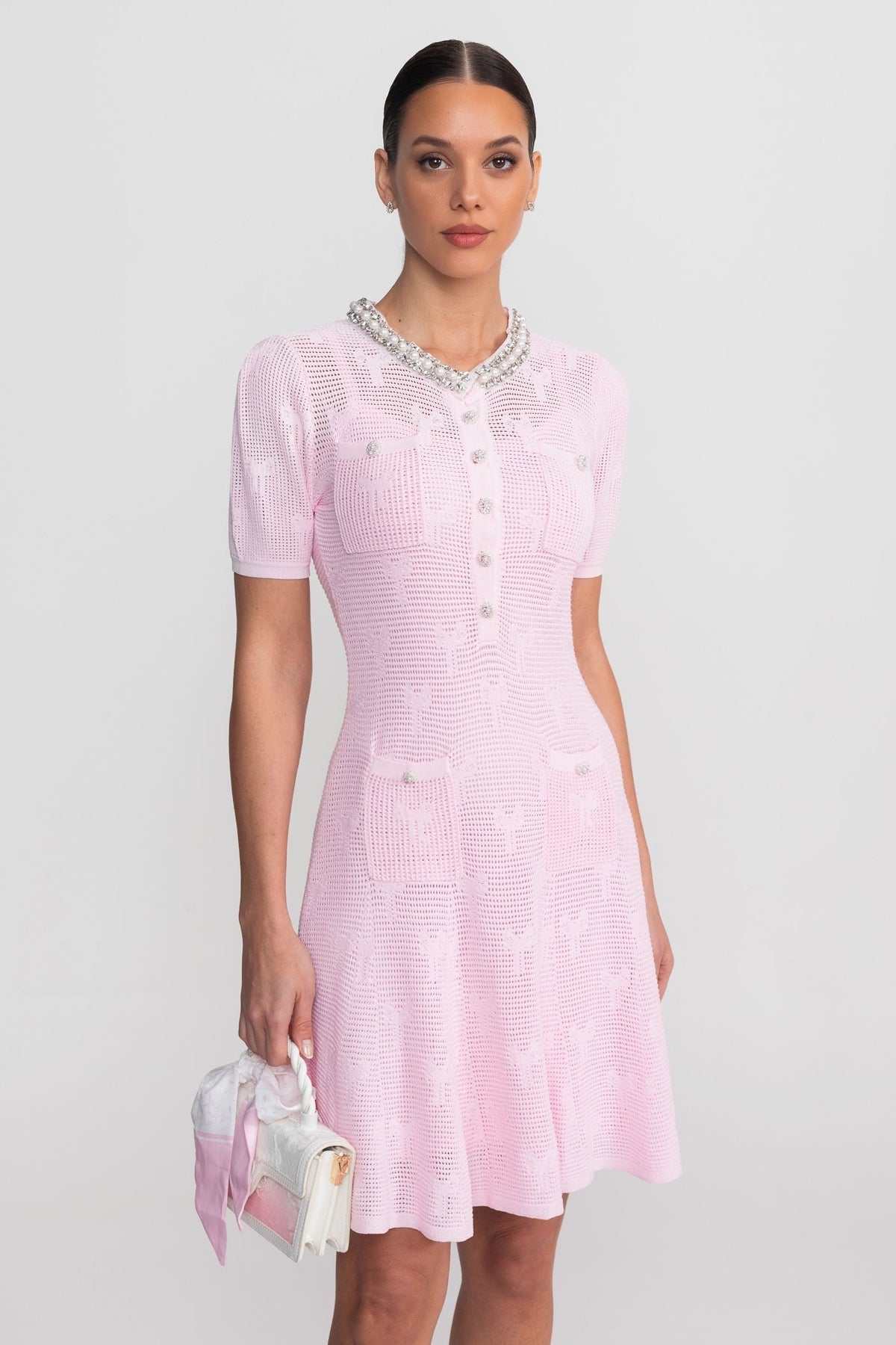 Textured Short Sleeve Mini Dress With Pearl Trim Neckline And Crystal Buttons - Pink
