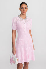 Textured Short Sleeve Mini Dress With Pearl Trim Neckline And Crystal Buttons - Pink