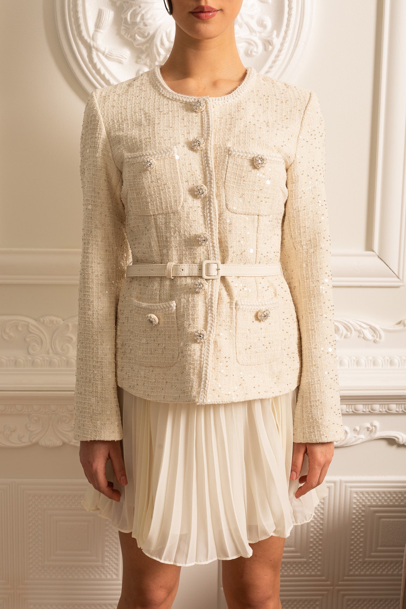 Textured Mini Dress With Pockets And Sheer Pleated Skirt - Beige