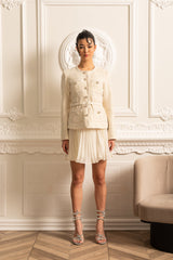 Textured Mini Dress With Pockets And Sheer Pleated Skirt - Beige