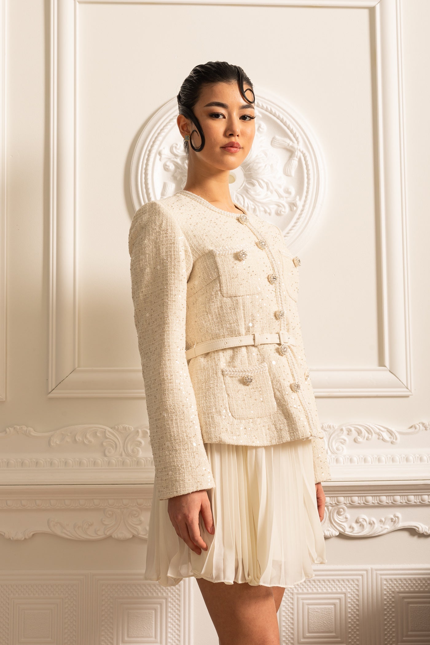 Textured Mini Dress With Pockets And Sheer Pleated Skirt - Beige