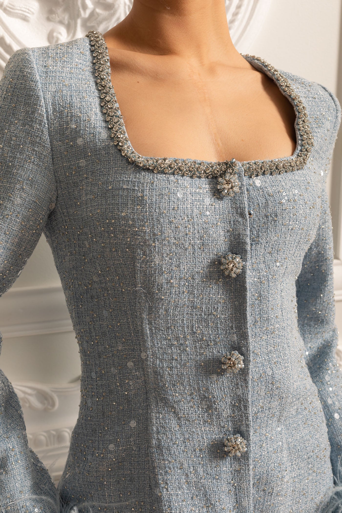 Textured Mini Dress With Feathered Cuffs And Square Neckline - Blue