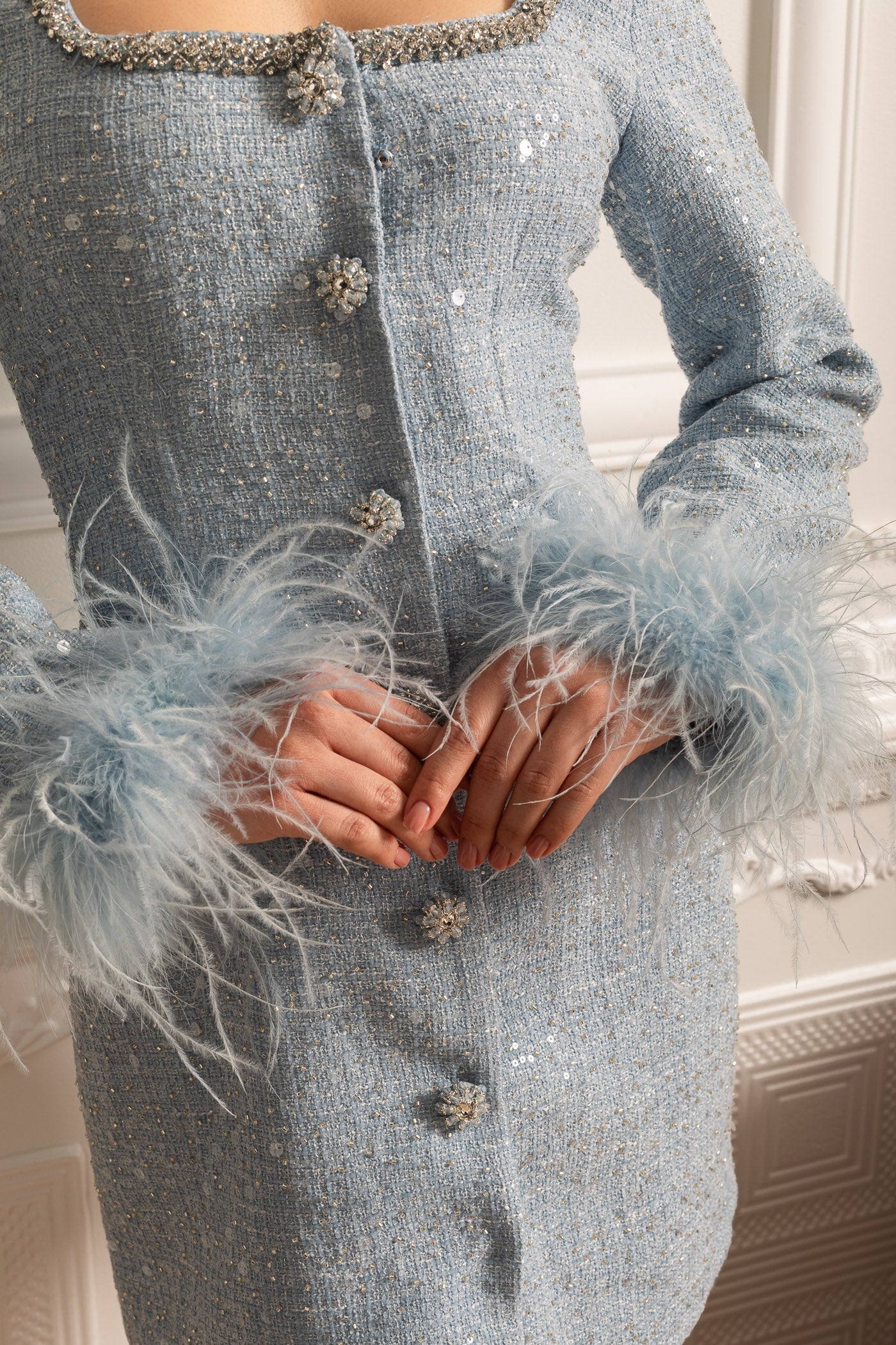 Textured Mini Dress With Feathered Cuffs And Square Neckline - Blue