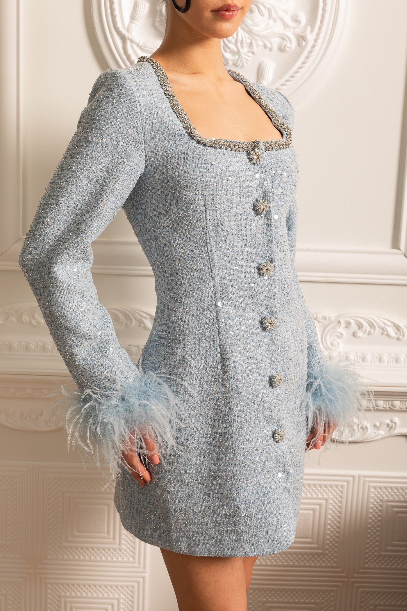 Textured Mini Dress With Feathered Cuffs And Square Neckline - Blue