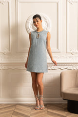 Textured Sleeveless Mini Dress With Sparkling Collar Details  - Blue