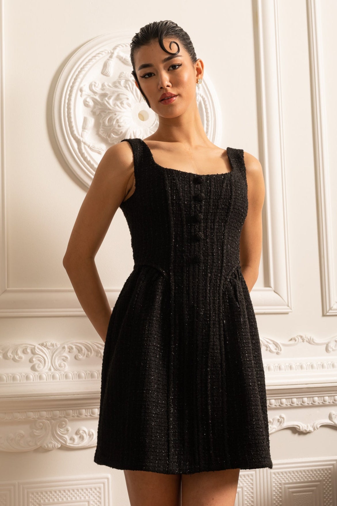 Textured Sleeveless Mini Dress With Fitted Bodice  - Black