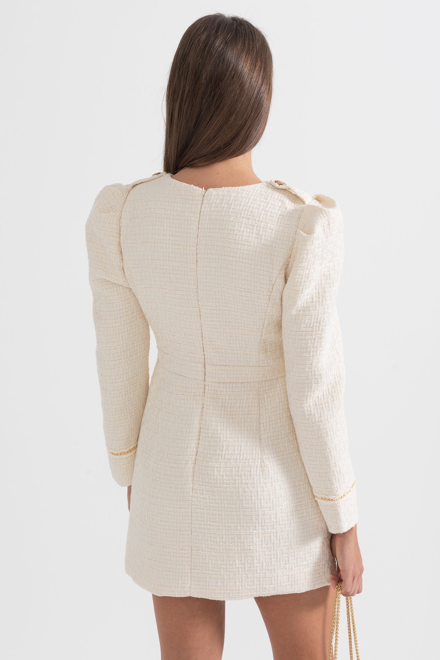 Textured Mini Dress With Gold Buttons And Front Pockets - Ivoire
