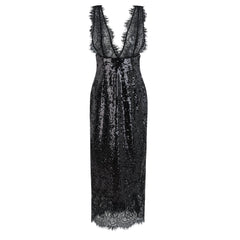 Ava Black Lace Panel Sequined Maxi Dress