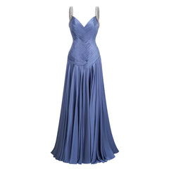Angelína Blue Diagonal Pleated Gathered Maxi Gown