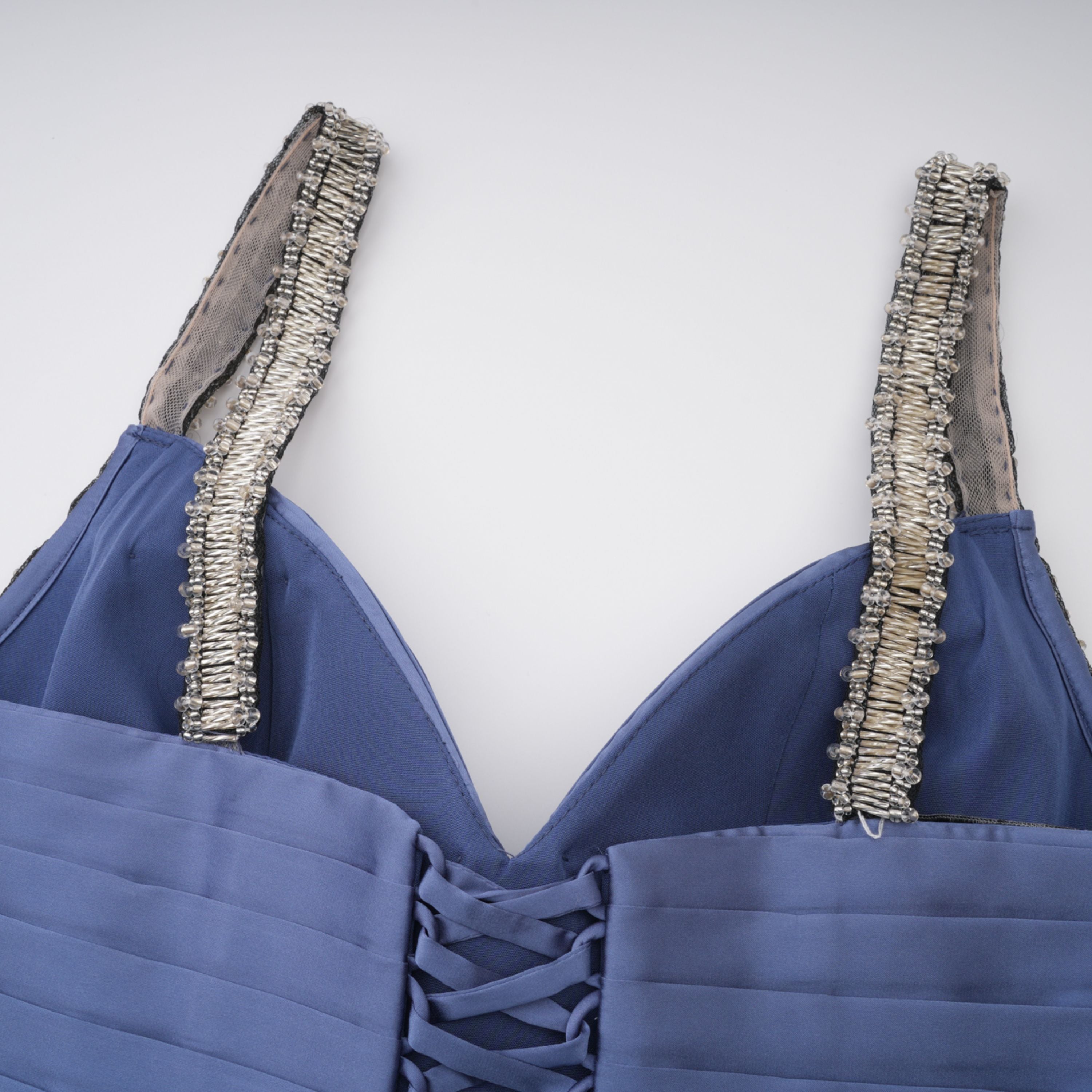 Angelína Blue Diagonal Pleated Gathered Maxi Gown