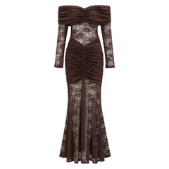 Brigitte Brown Lace Panel Ruched Maxi Dress