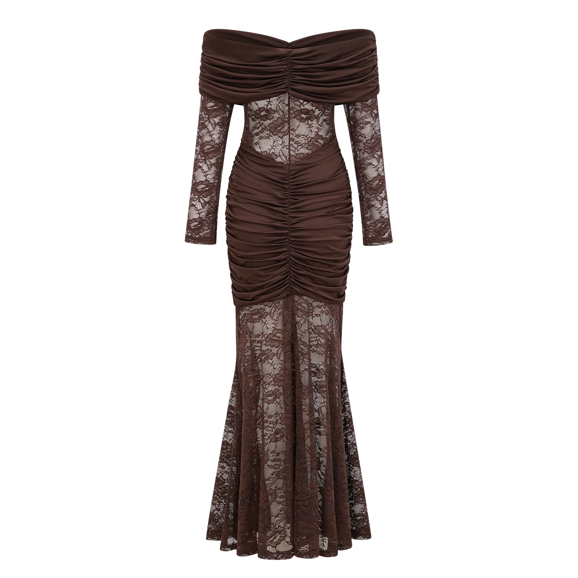 Brigitte Brown Lace Panel Ruched Maxi Dress